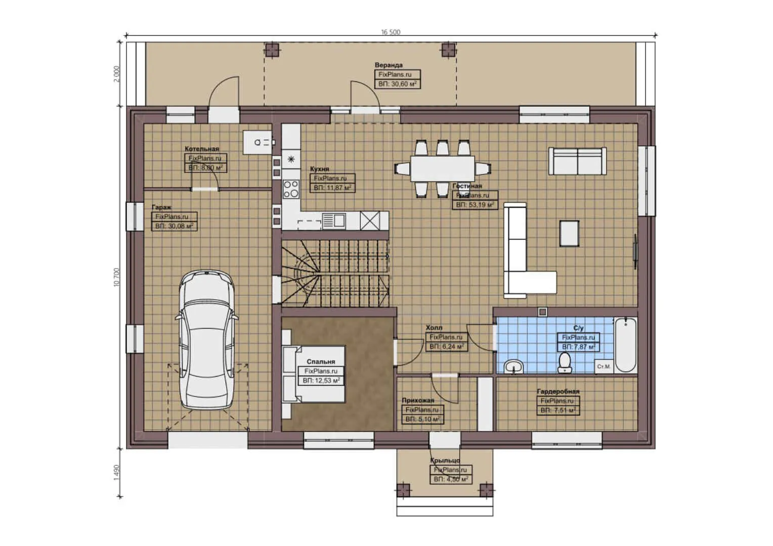 F-1142 - Планы двухэтажного дома 11 на 17, площадью 270 м² с террасой, балконом, гаражом на 1 машину и 4 спальнями