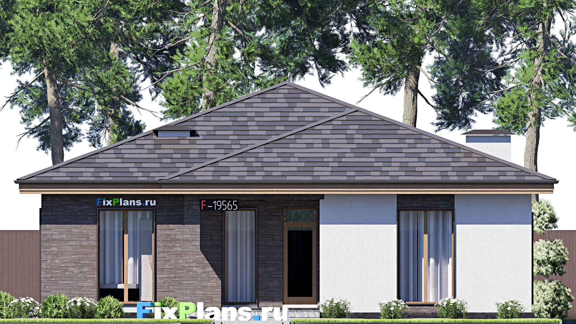 F-19565 - Проект одноэтажного дома 13 на 19, площадью 190 м² с террасой и 5 спальнями