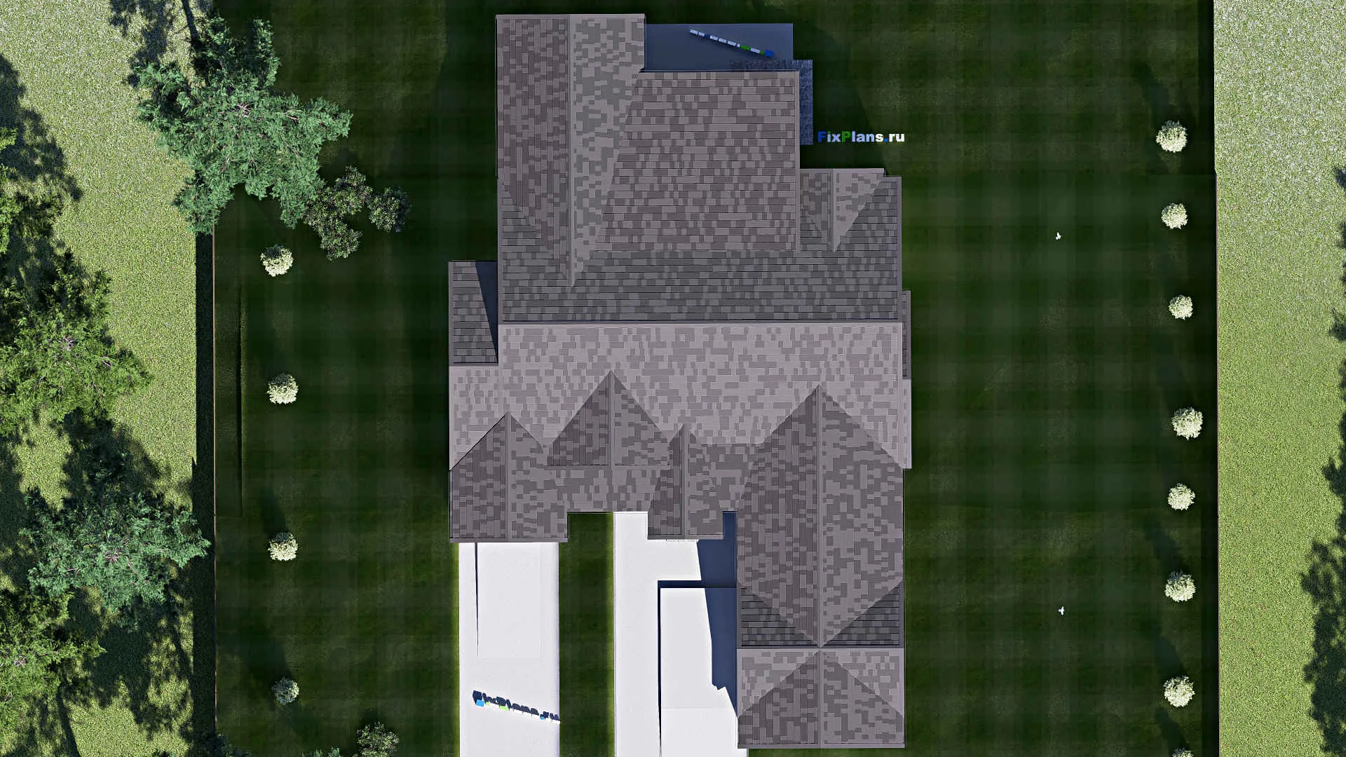 F-17162 - Проект одноэтажного дома 21 на 34, площадью 710 м² с террасой, цокольным этажом, гаражом на 2 машины и 4 спальнями