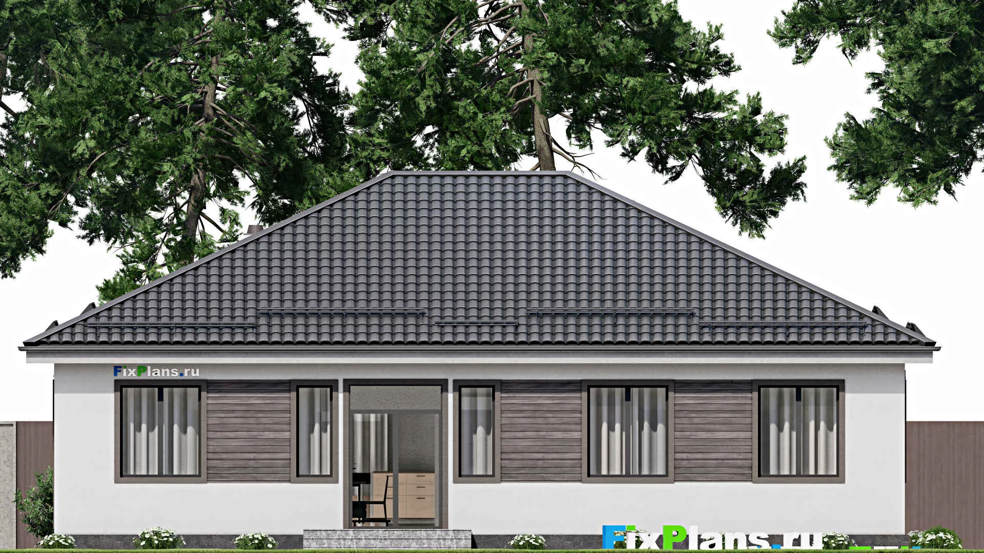 F-4004 - Проект одноэтажного дома 12 на 16, площадью 160 м² с террасой и 5 спальнями