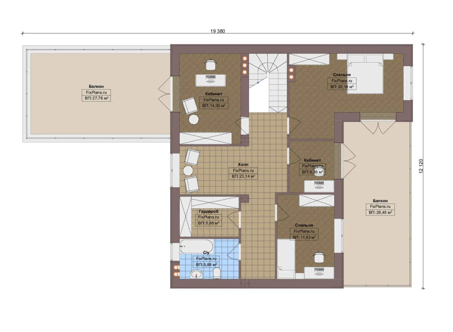 F-17567 - Планы двухэтажного дома 14 на 20, площадью 310 м² с террасой, балконом, гаражом на 1 машину и 2 спальнями