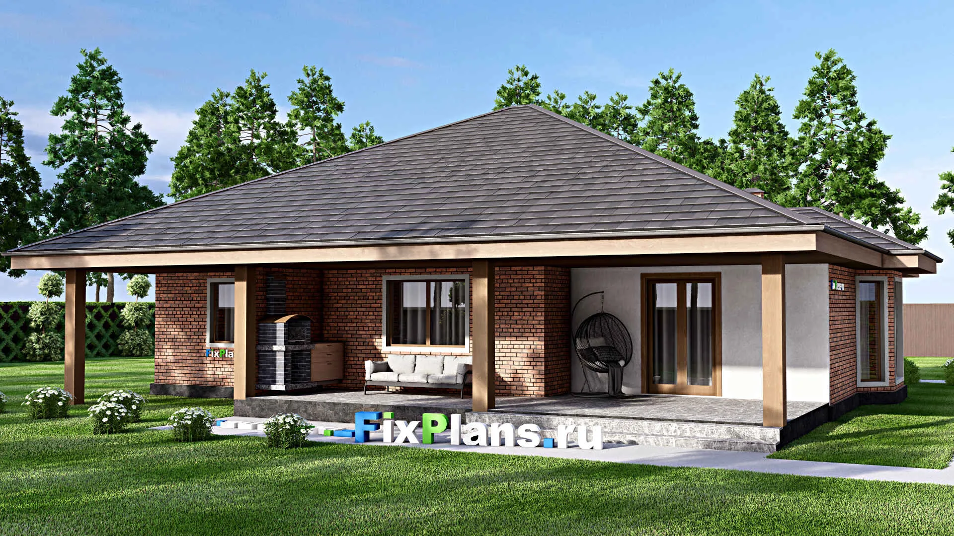 F-13796 - Проект одноэтажного дома 16 на 17, площадью 200 м² с террасой и 3 спальнями