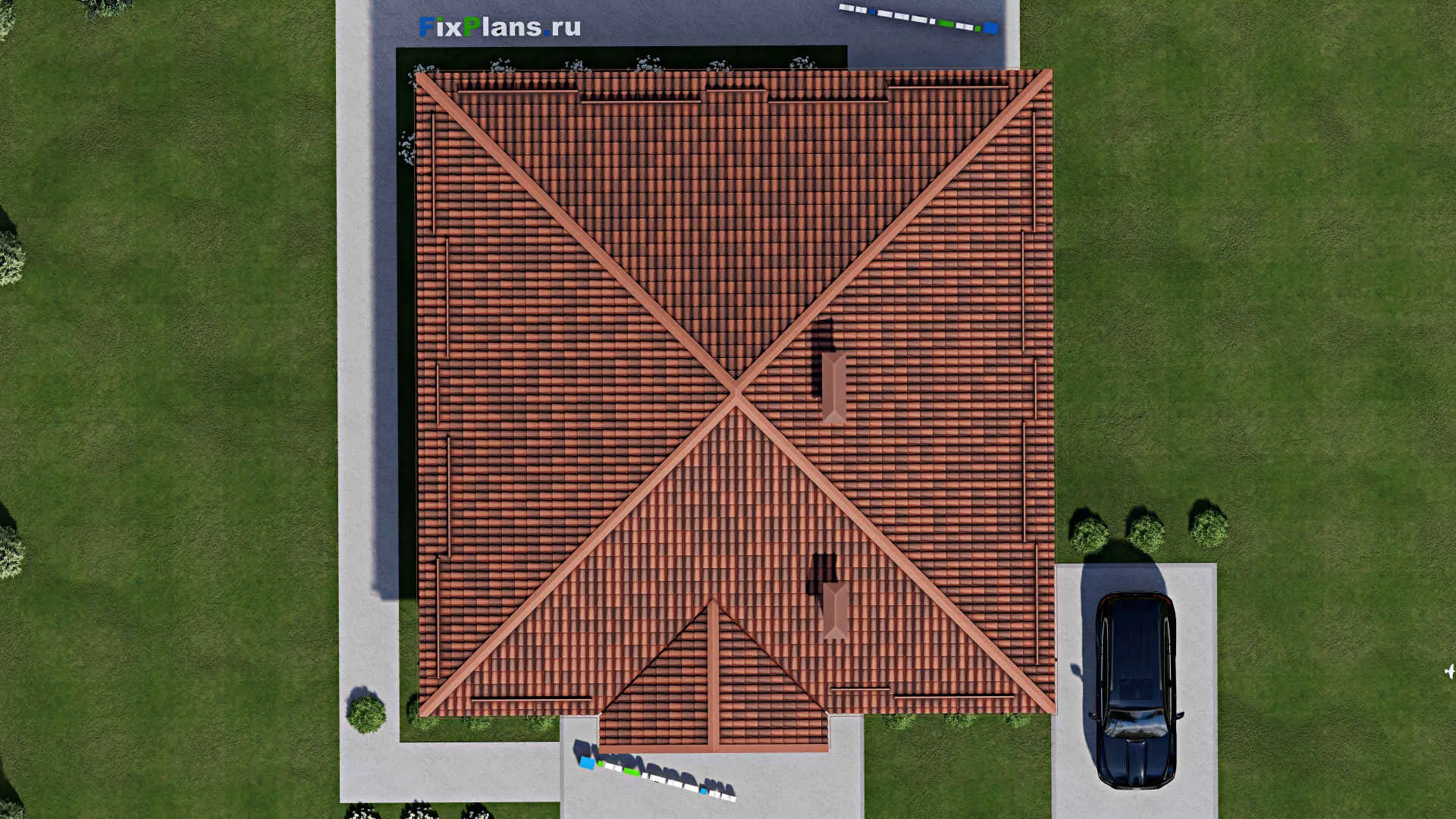 F-9233 - План одноэтажного дома 15 на 15, площадью 170 м² с террасой и 4 спальнями