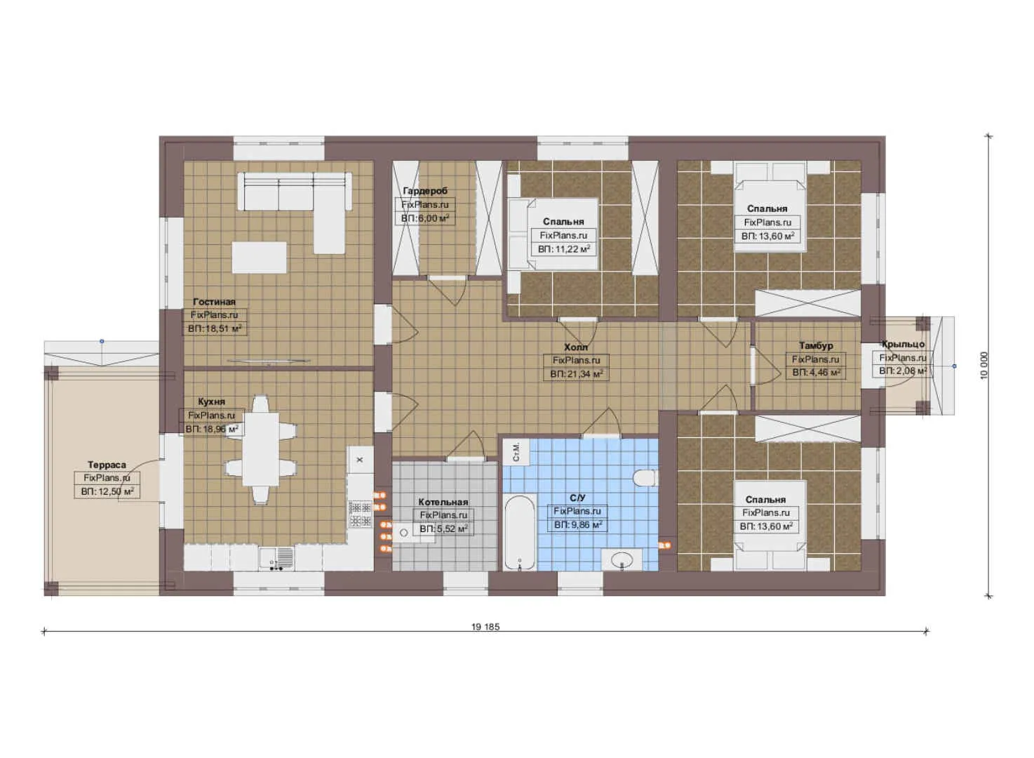 F-18080 - План одноэтажного дома 10 на 20, площадью 140 м² с террасой и 3 спальнями
