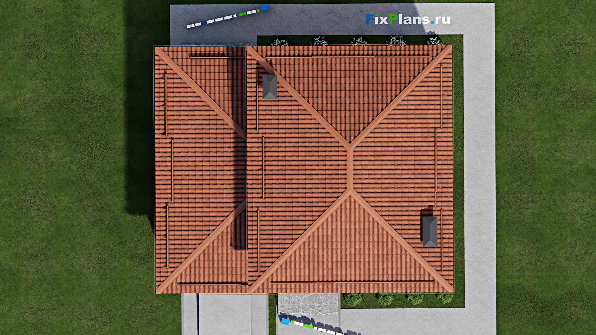 F-5705 - Планы двухэтажного дома 11 на 13, площадью 210 м² с террасой, балконом, цокольным этажом, гаражом на 1 машину и 4 спальнями