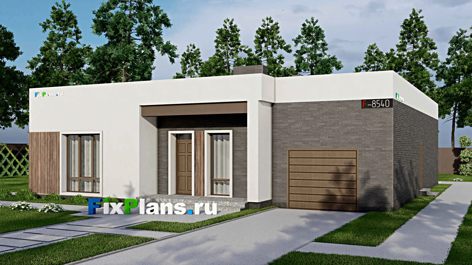 F-8540 - Проект одноэтажного дома 13 на 15, площадью 200 м² с террасой, гаражом на 1 машину и 3 спальнями
