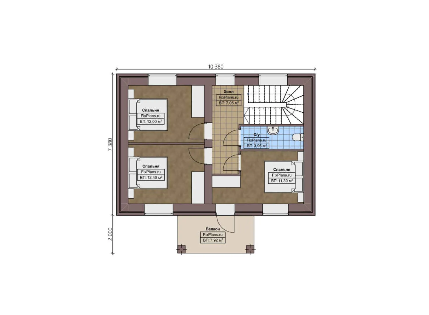 F-2843 - Планы дома с мансардой 8 на 11, площадью 120 м² с балконом и 3 спальнями