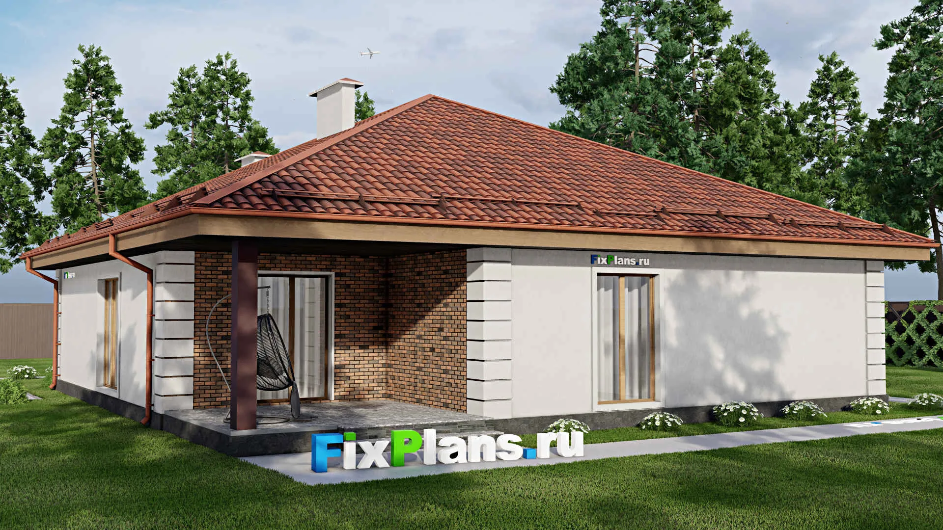 F-9233 - План одноэтажного дома 15 на 15, площадью 170 м² с террасой и 4 спальнями