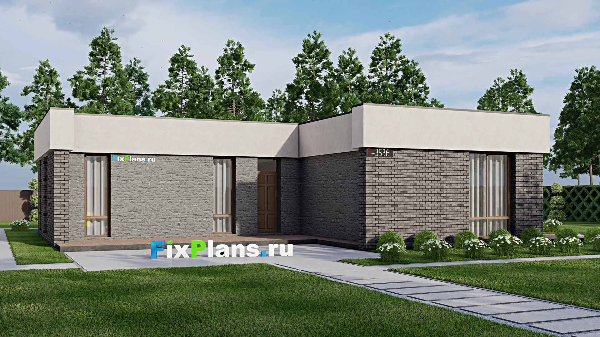 F-3536 - Проект одноэтажного дома 17 на 17, площадью 210 м² с террасой и 3 спальнями