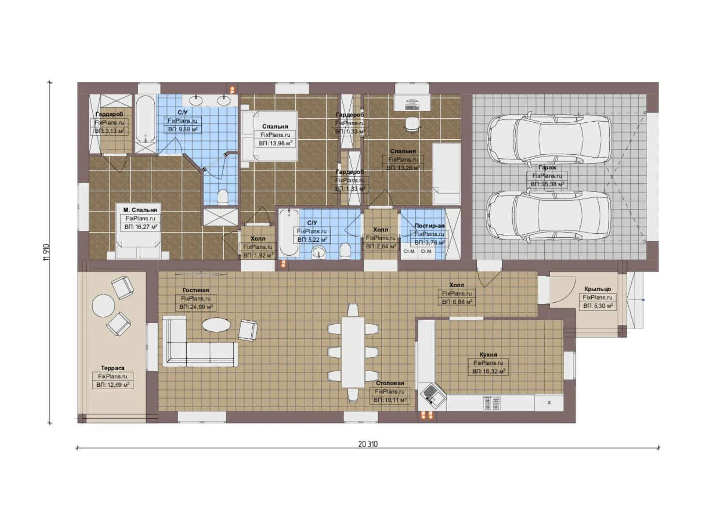 F-20213 - План одноэтажного дома 12 на 21, площадью 200 м² с террасой, гаражом на 2 машины и 3 спальнями