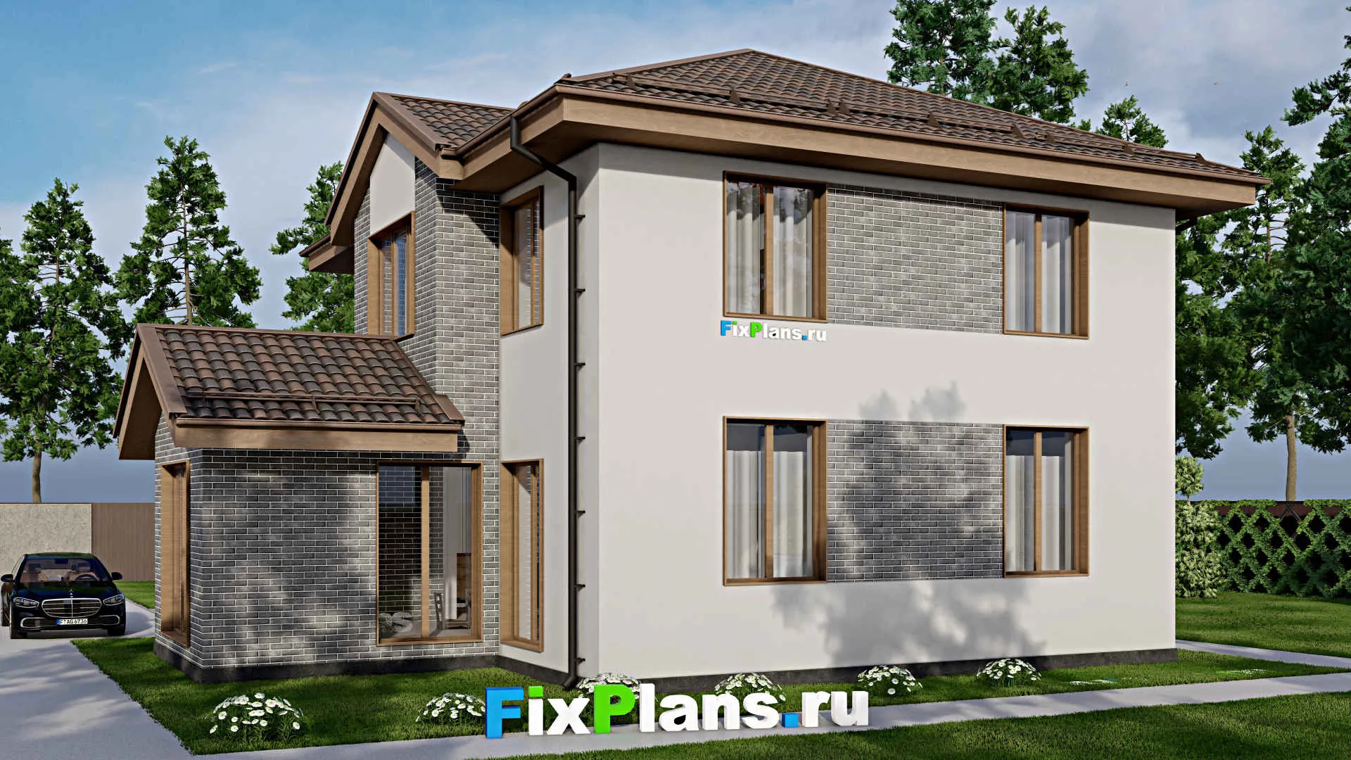 F-7325 - Планы двухэтажного дома 14 на 14, площадью 200 м² с террасой и 4 спальнями