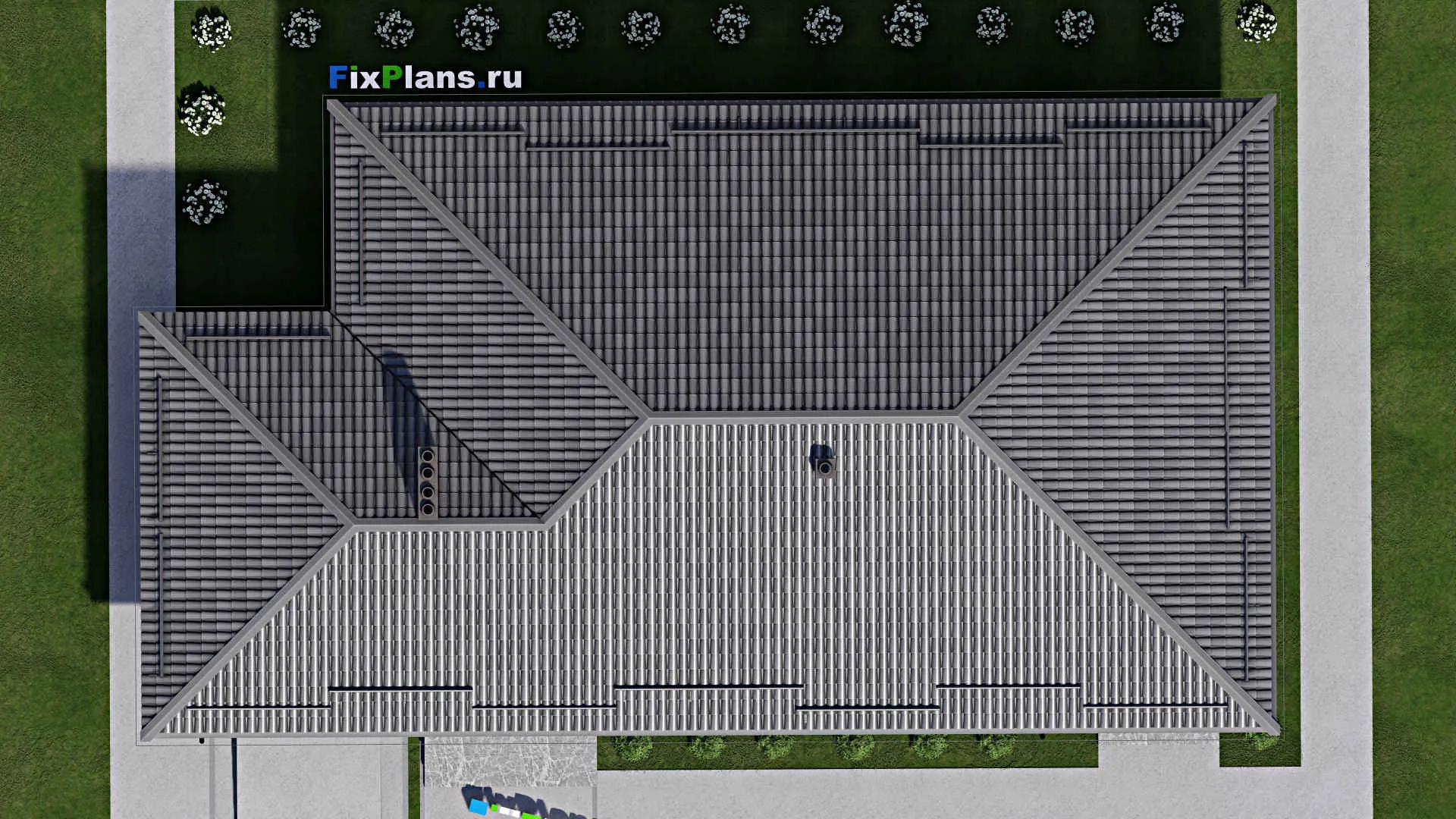 F-8630 - План одноэтажного дома 12 на 23, площадью 220 м² с террасой, гаражом на 1 машину и 3 спальнями