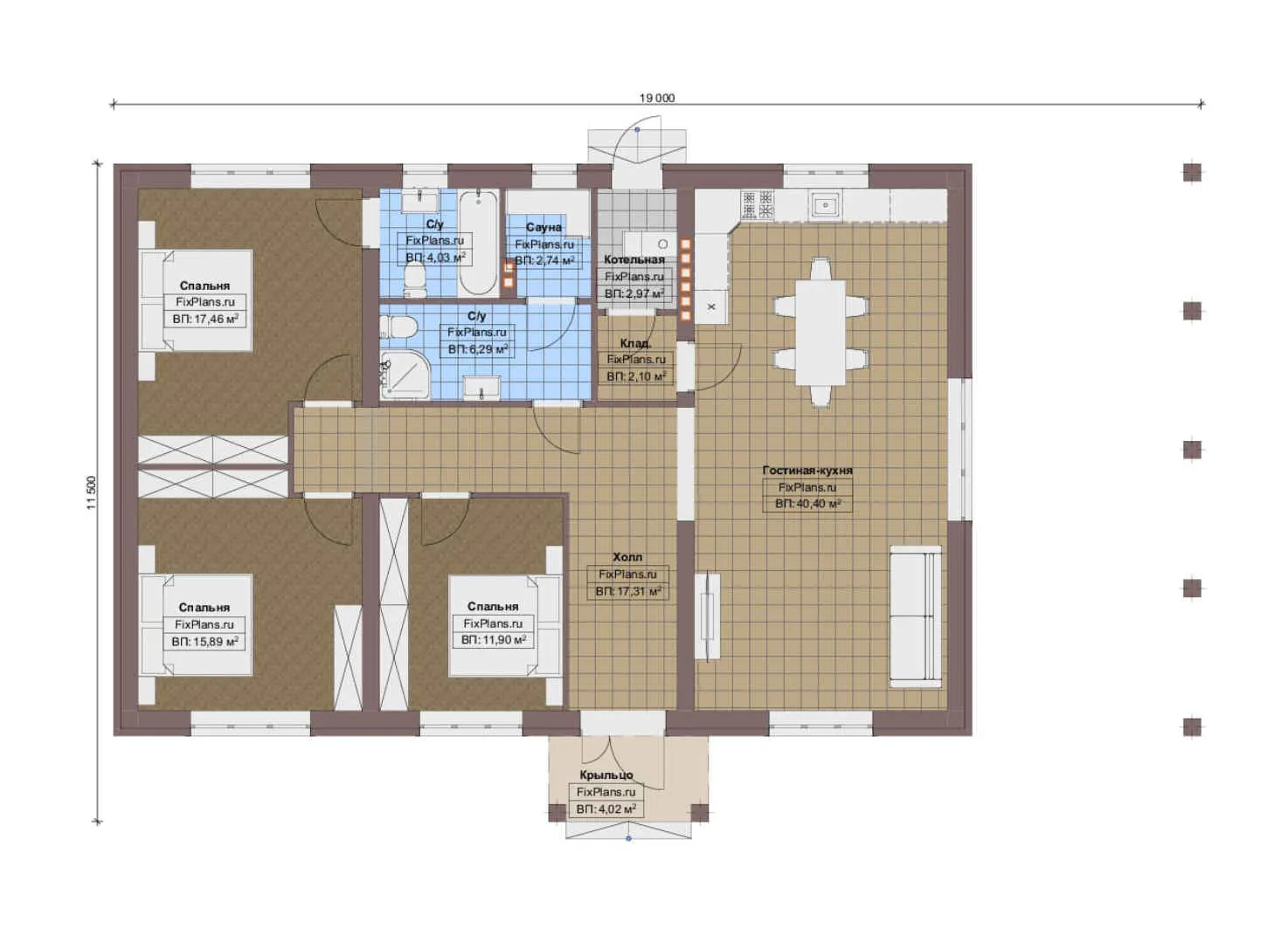 F-13517 - План одноэтажного дома 12 на 19, площадью 130 м² с баней и 3 спальнями