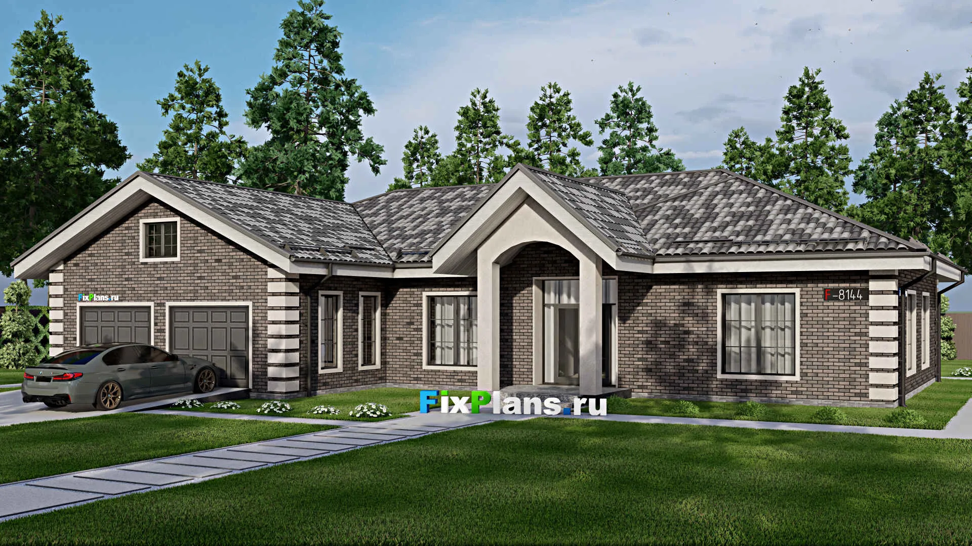F-8144 - Проект одноэтажного дома 16 на 22, площадью 230 м² с баней, гаражом на 2 машины и 3 спальнями