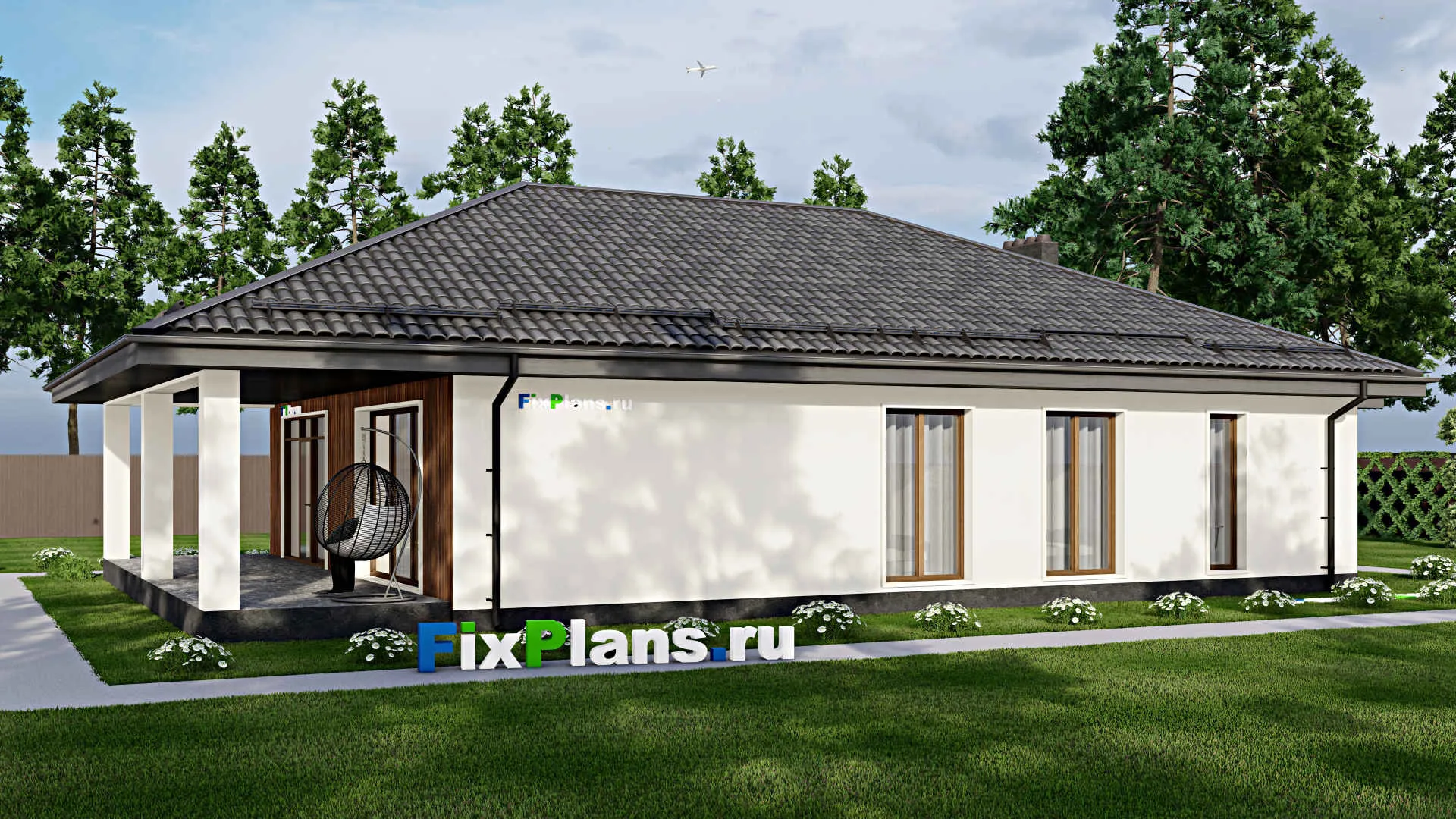 F-8630 - План одноэтажного дома 12 на 23, площадью 220 м² с террасой, гаражом на 1 машину и 3 спальнями