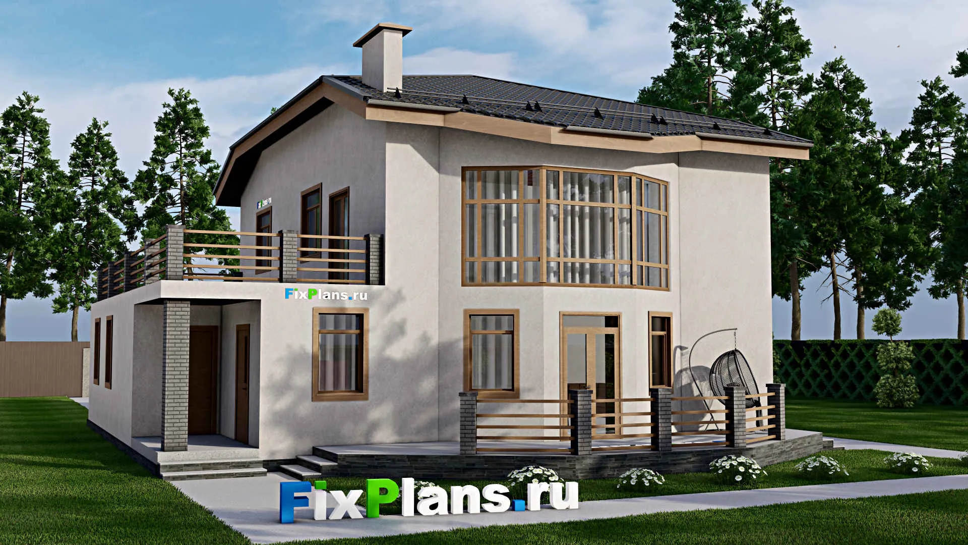 F-2699 - Проект двухэтажного дома 14 на 14, площадью 300 м² с террасой, балконом, гаражом на 1 машину, бассейном и 4 спальнями