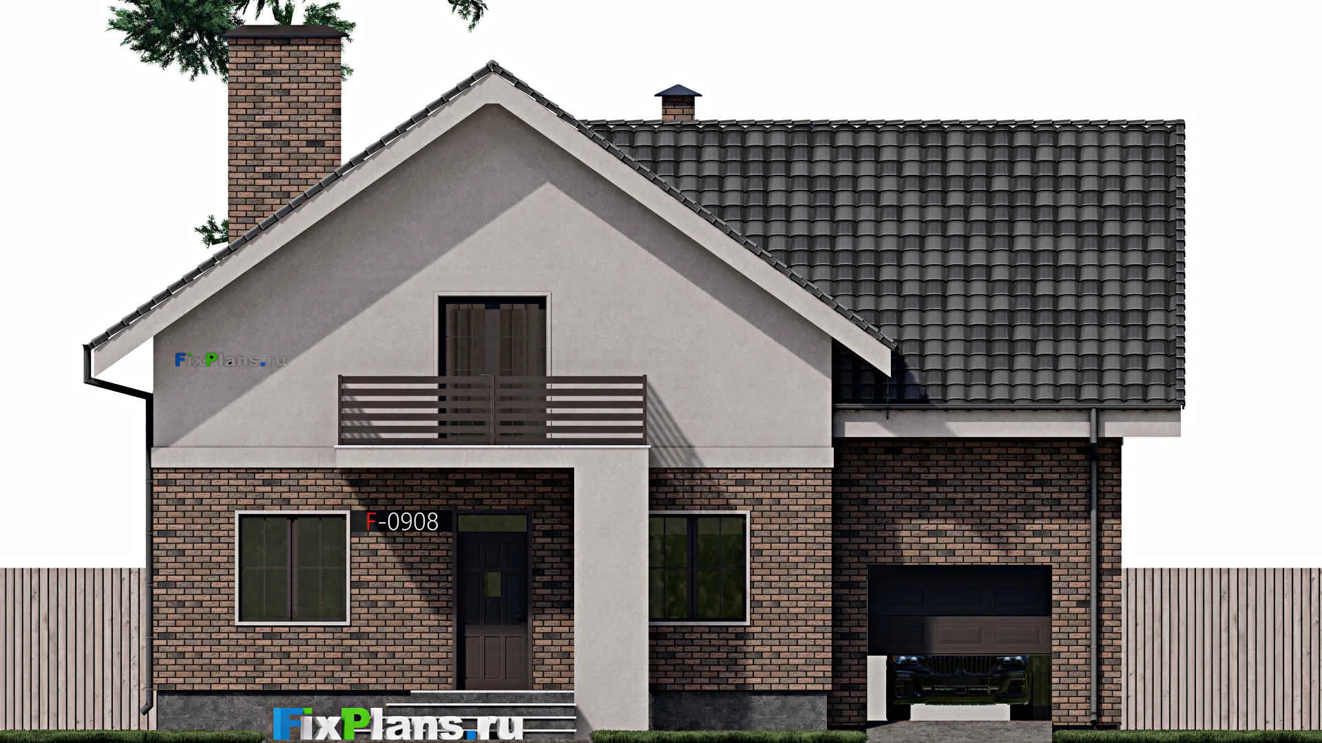 F-0908 - Проект дома с мансардой 13 на 13, площадью 260 м² с террасой, балконом, гаражом на 1 машину и 4 спальнями