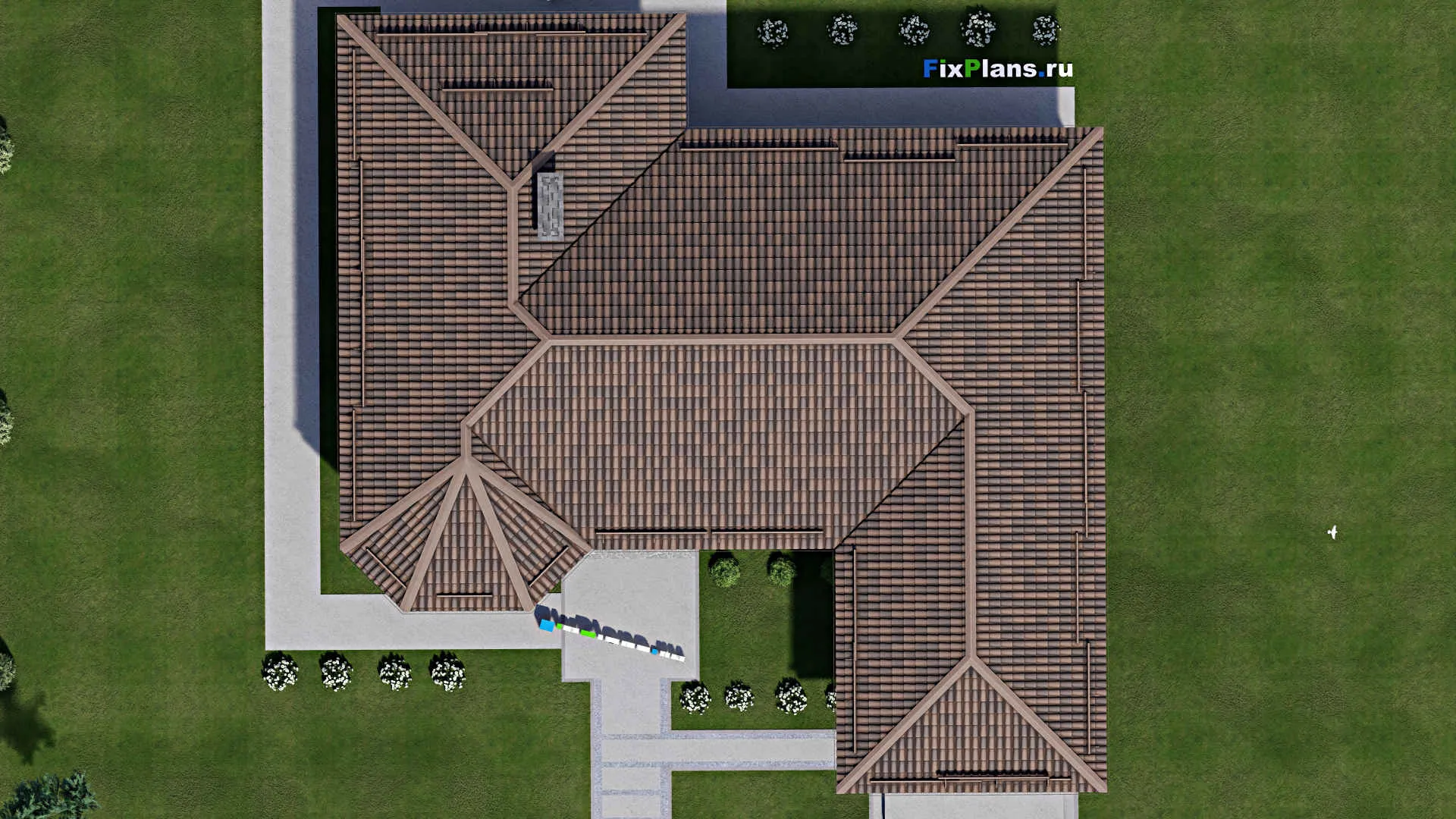 F-12077 - Проект одноэтажного дома 20 на 20, площадью 220 м² с террасой, гаражом на 2 машины и 2 спальнями