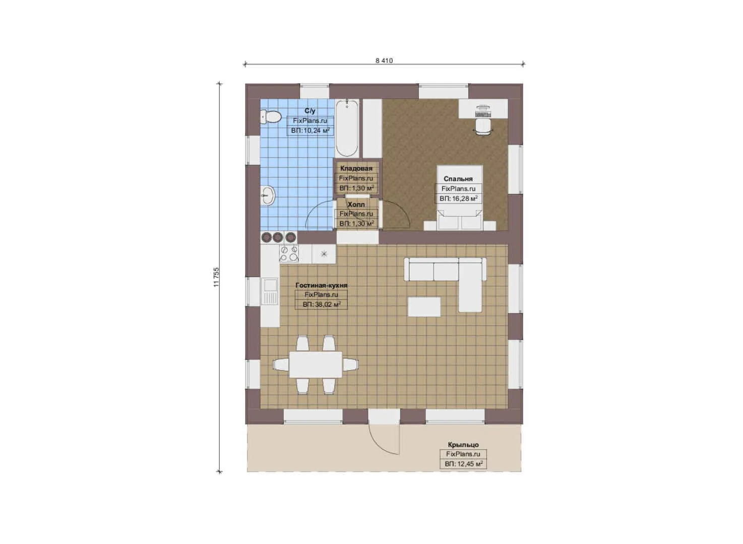 F-17531 - План одноэтажного дома 9 на 12, площадью 80 м² с 1 спальнями