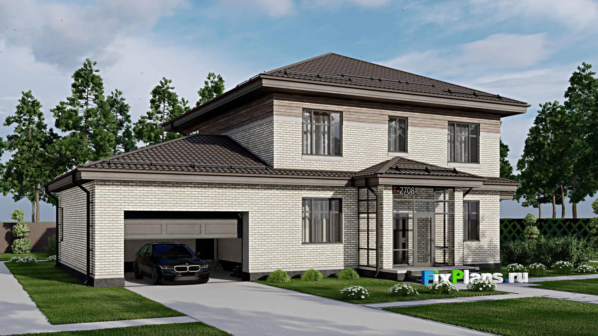 F-2708 - Проект двухэтажного дома 12 на 19, площадью 280 м² с террасой, гаражом на 2 машины и 4 спальнями