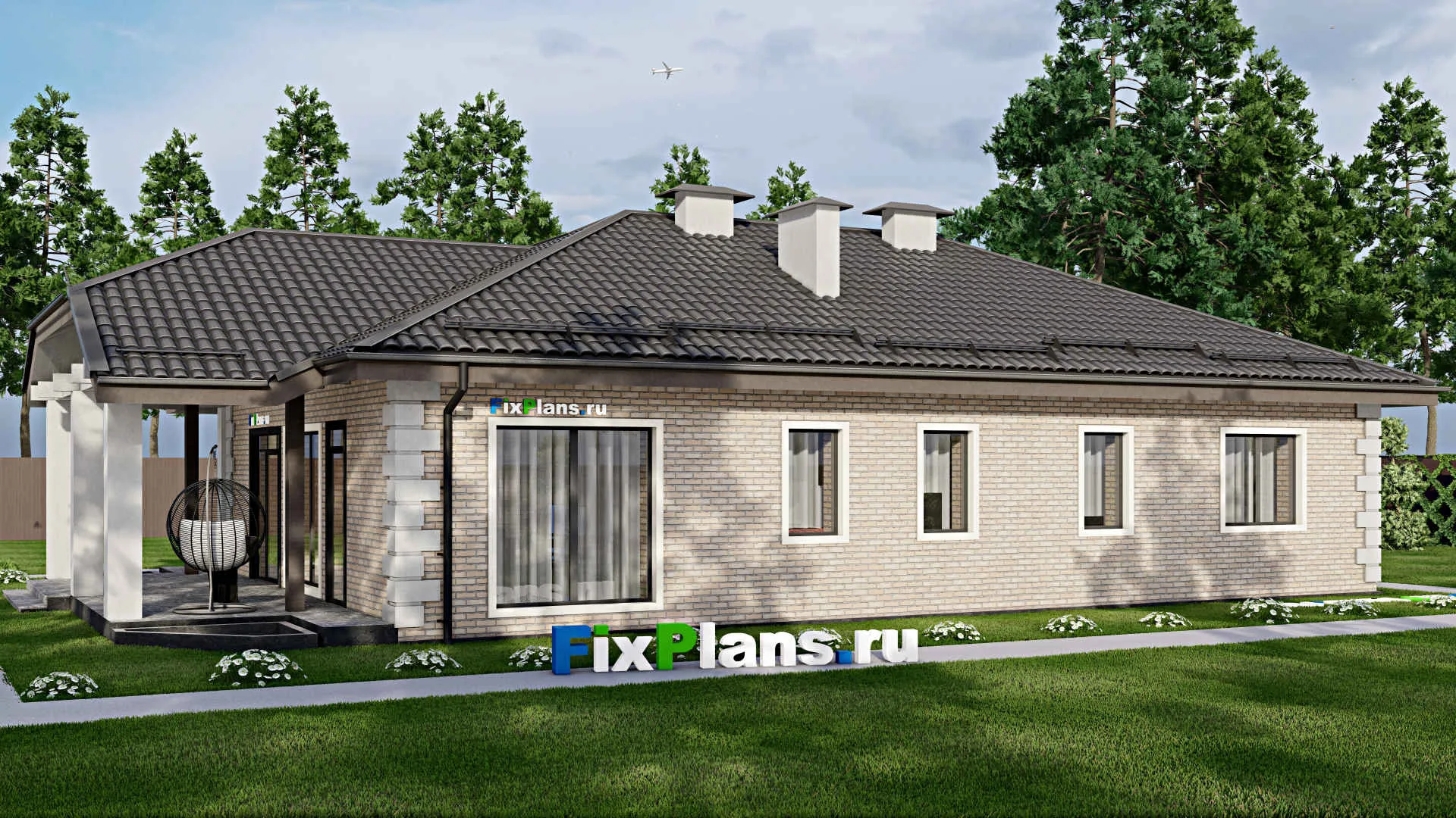 F-5030 - Проект одноэтажного дома 13 на 17, площадью 190 м² с террасой и 3 спальнями