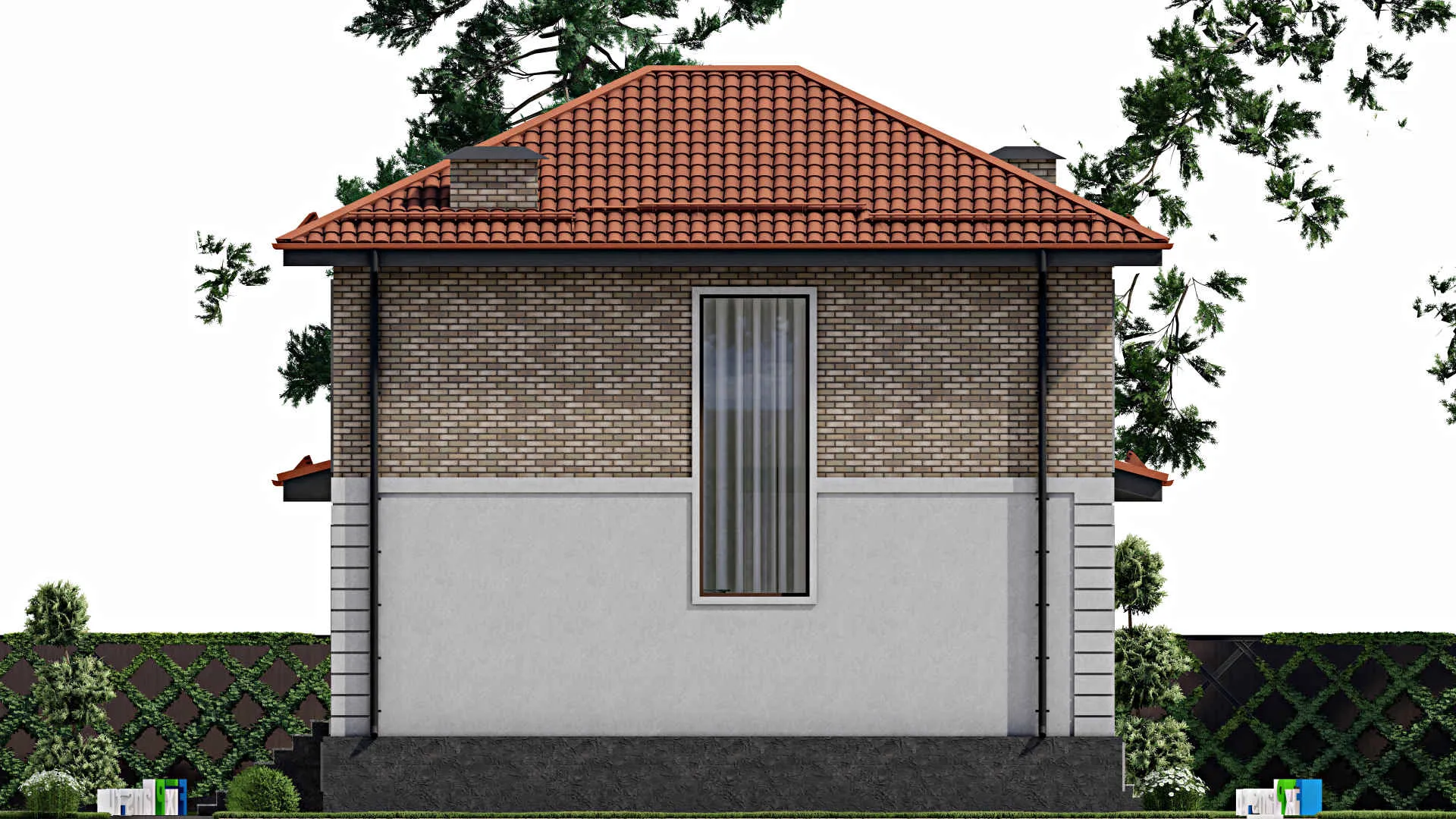 F-5705 - Планы двухэтажного дома 11 на 13, площадью 210 м² с террасой, балконом, цокольным этажом, гаражом на 1 машину и 4 спальнями