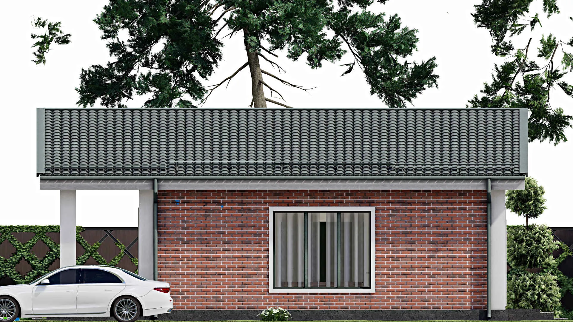 F-8963 - План одноэтажного дома 11 на 12, площадью 100 м² с террасой и 2 спальнями