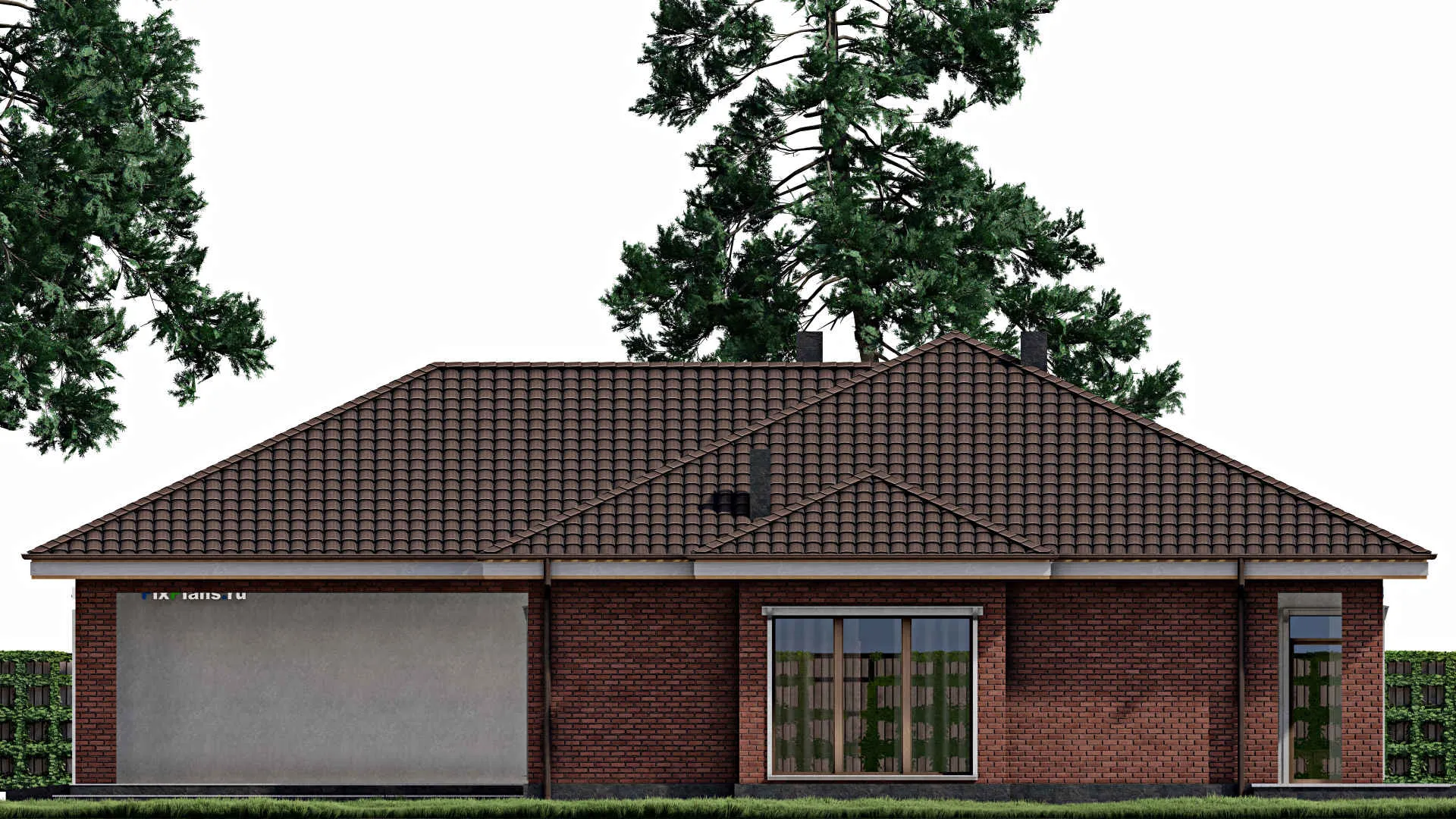 F-0458 - Проект одноэтажного дома 16 на 20, площадью 450 м² с террасой, гаражом на 2 машины и 6 спальнями