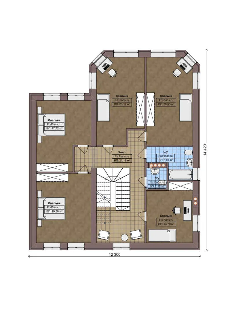 F-5237 - Планы двухэтажного дома 13 на 15, площадью 260 м² с 7 спальнями