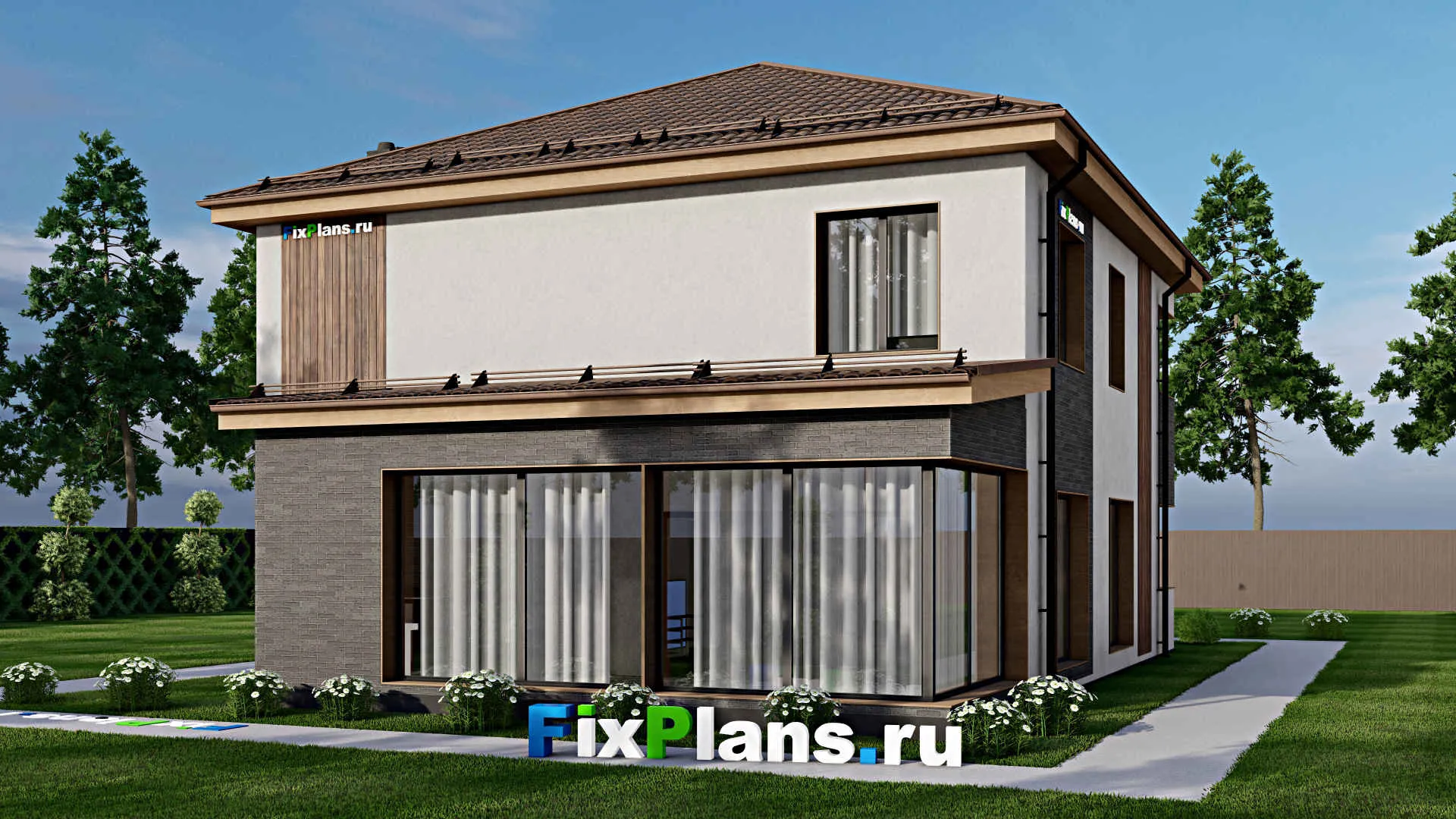 F-7964 - Проект двухэтажного дома 12 на 17, площадью 230 м² с террасой, баней и 4 спальнями