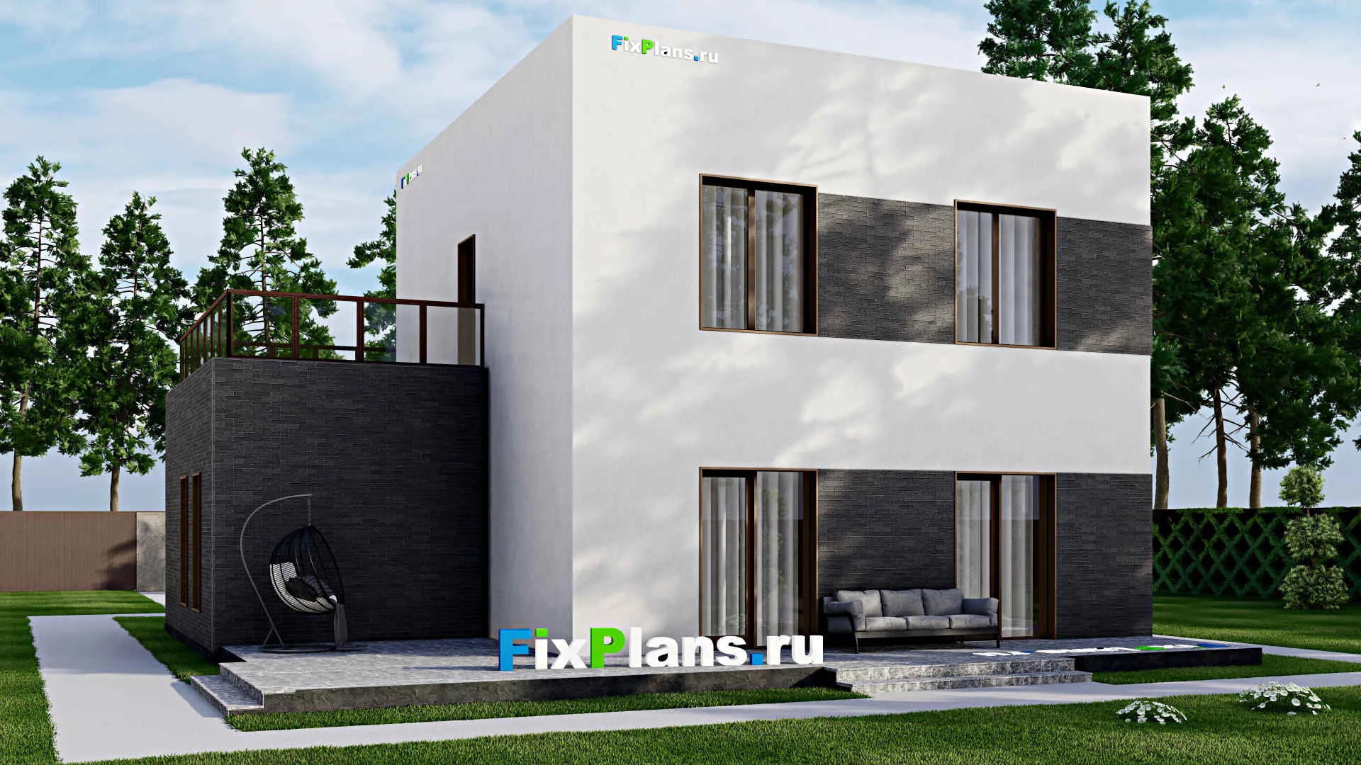 F-8153 - Планы двухэтажного дома 14 на 14, площадью 240 м² с террасой, балконом, гаражом на 1 машину и 3 спальнями