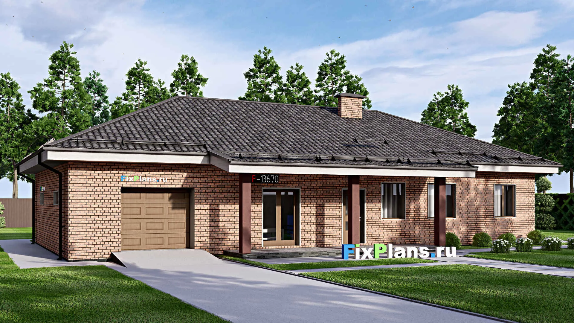 F-13670 - Проект одноэтажного дома 12 на 20, площадью 180 м² с гаражом на 2 машины и 4 спальнями