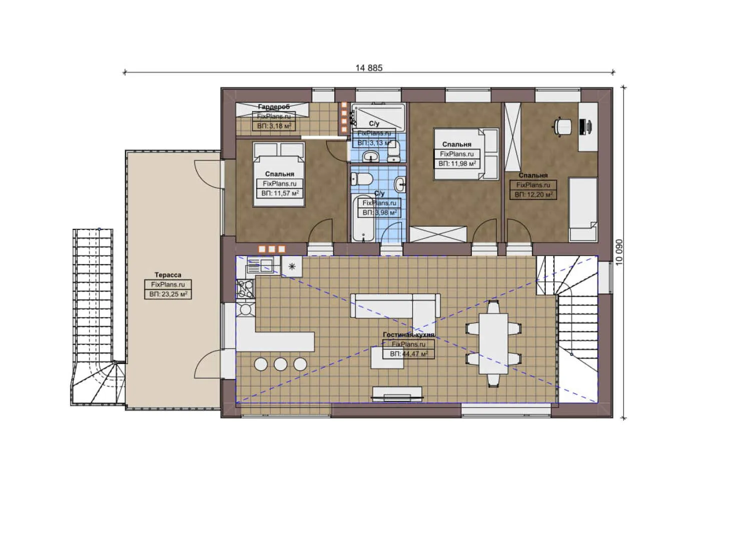 F-7775 - Планы двухэтажного дома 12 на 15, площадью 220 м² с террасой, гаражом на 2 машины и 3 спальнями