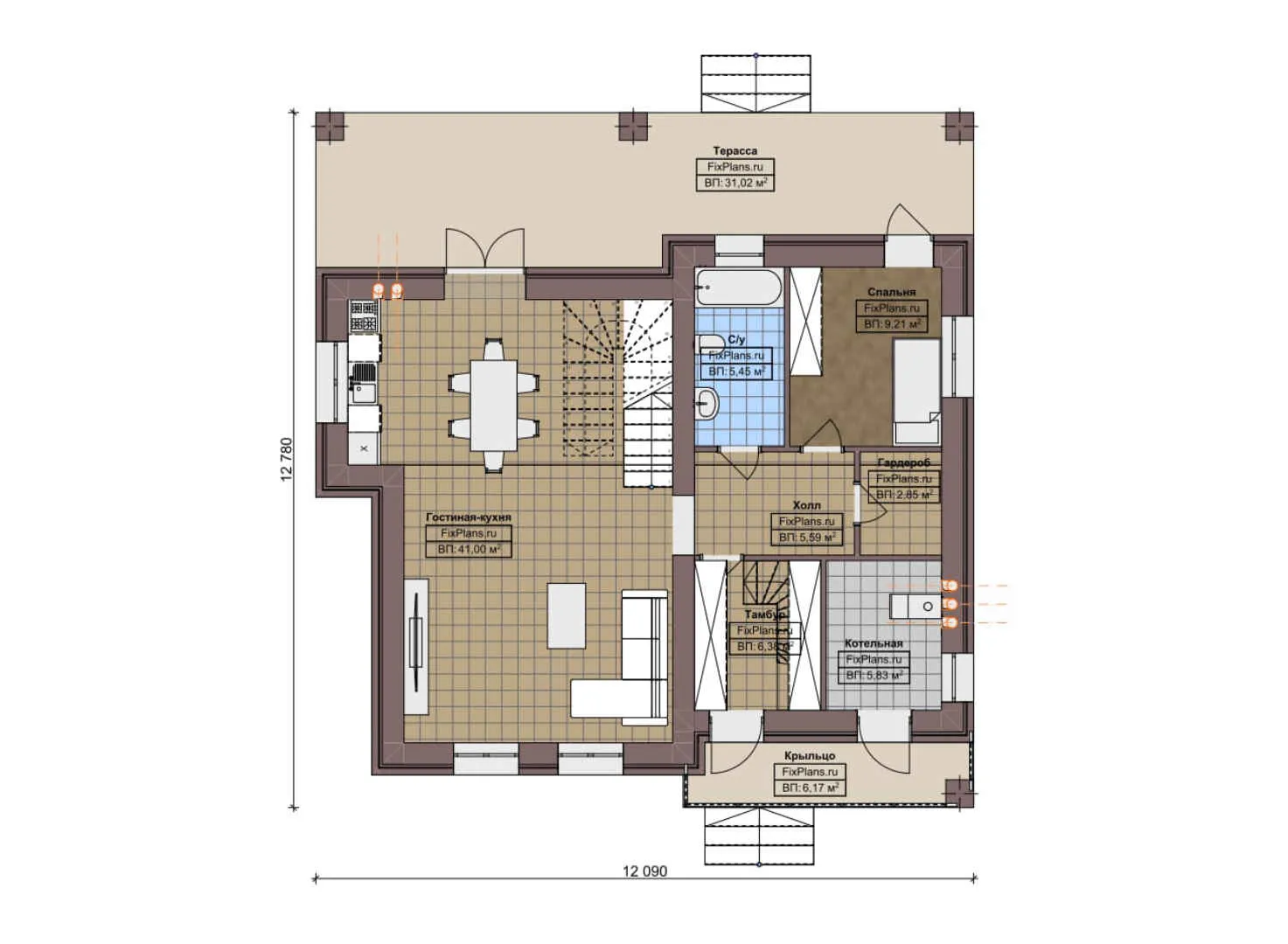 F-6794 - Планы дома с мансардой 13 на 13, площадью 200 м² с террасой, балконом и 4 спальнями
