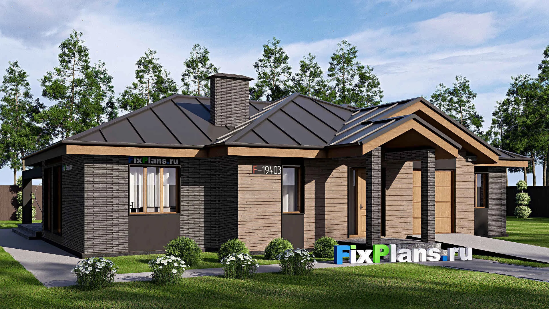F-19403 - Проект одноэтажного дома 18 на 19, площадью 230 м² с террасой, гаражом на 1 машину и 4 спальнями