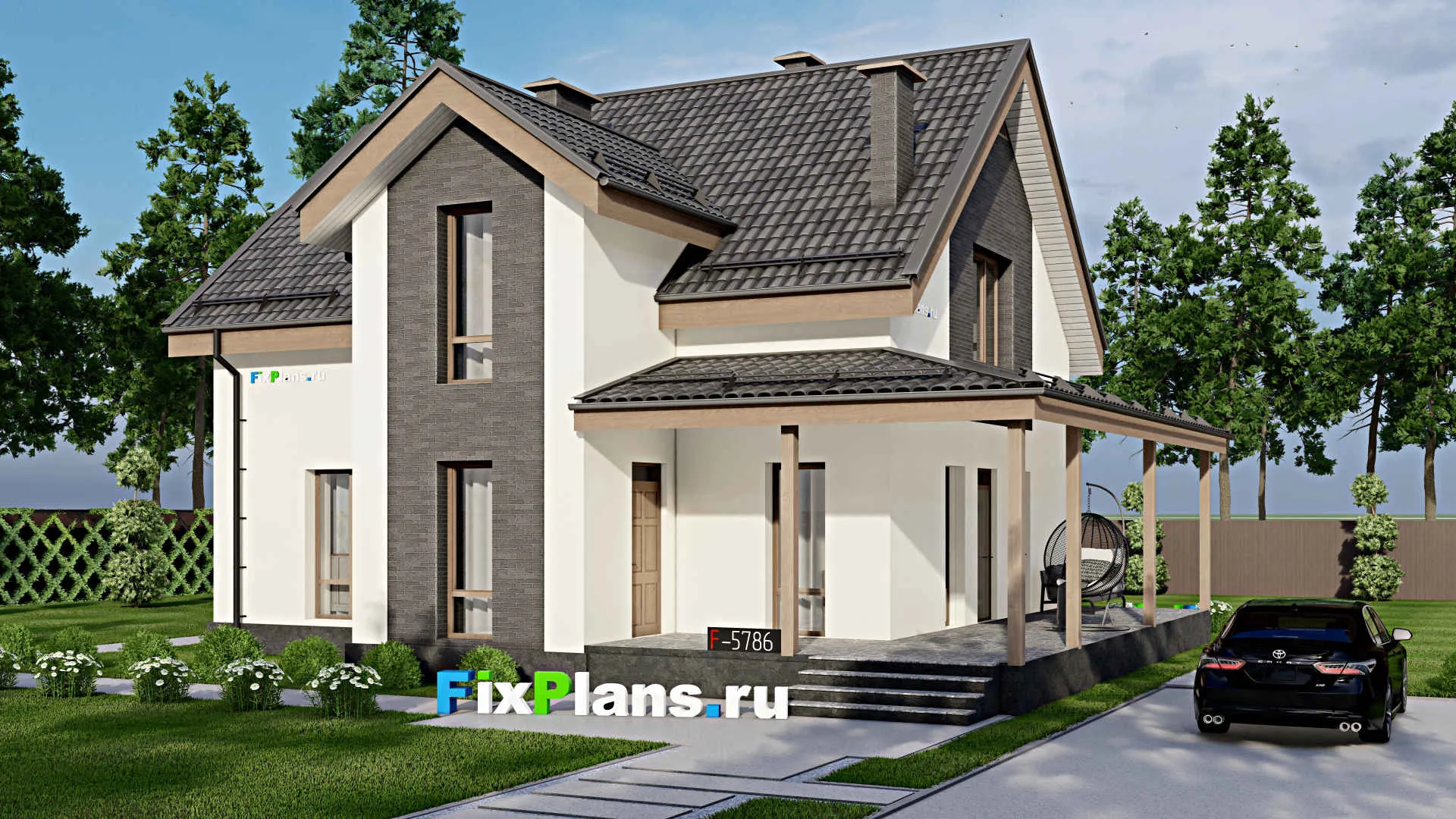 F-5786 - Проект дома с мансардой 12 на 12, площадью 210 м² с террасой и 3 спальнями