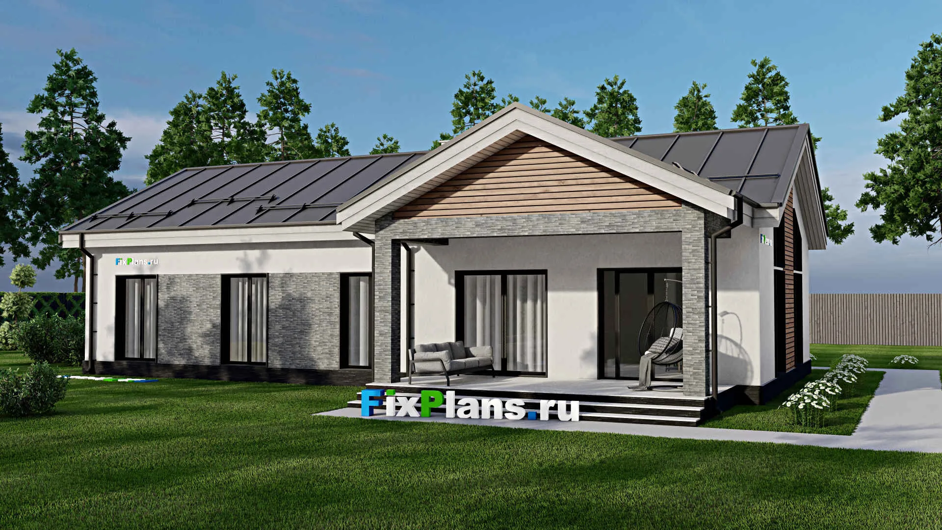 F-1970 - Проект одноэтажного дома 10 на 19, площадью 170 м² с террасой и 4 спальнями