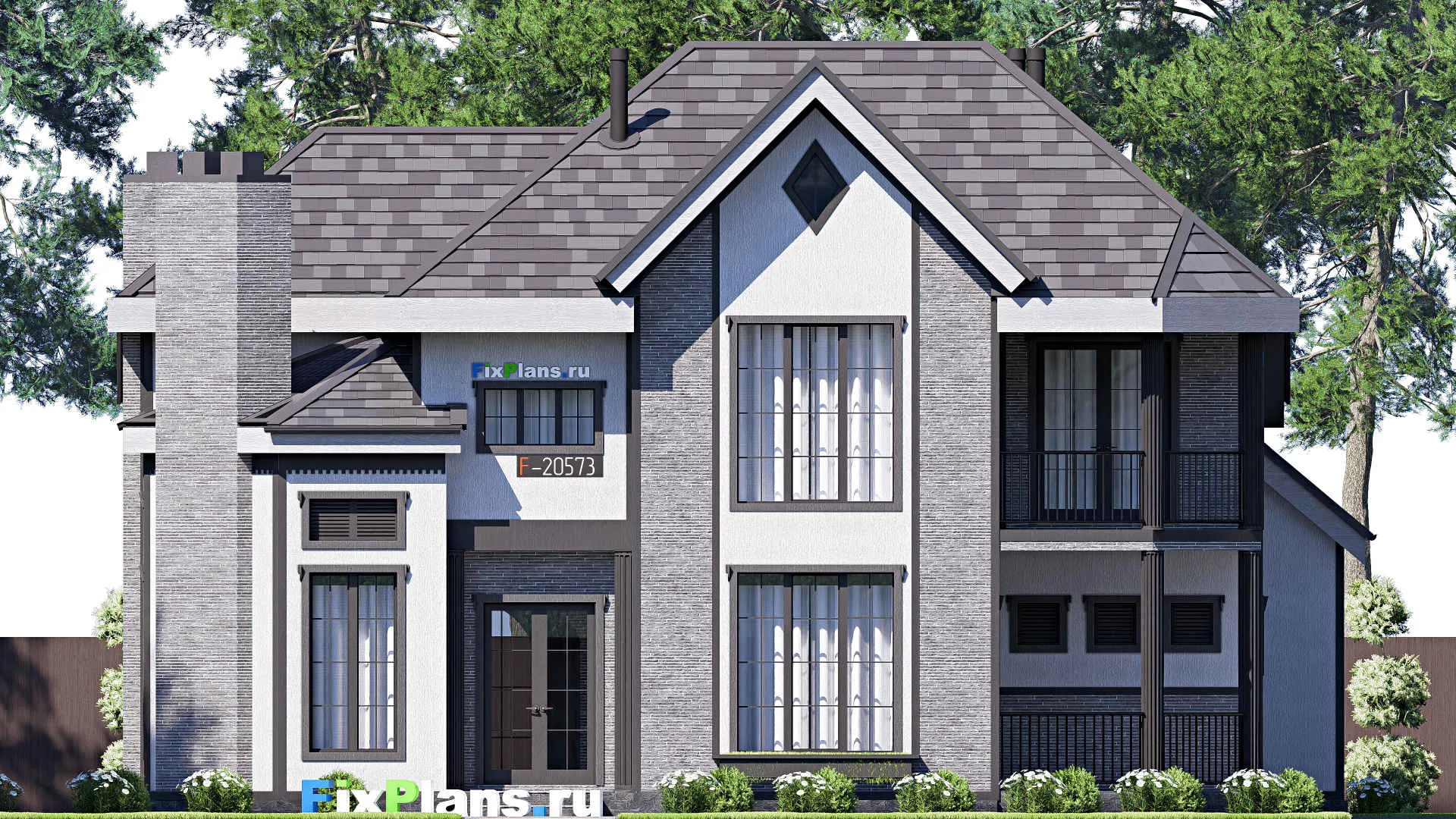 F-20573 - Проект двухэтажного дома 16 на 21, площадью 280 м² с террасой, балконом, гаражом на 2 машины и 4 спальнями