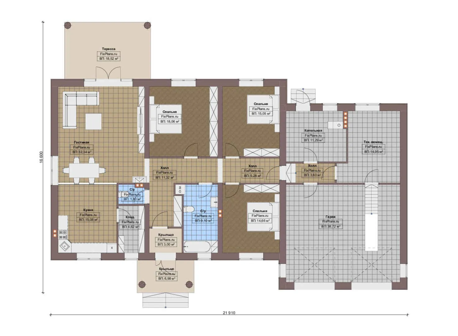 F-13157 - План одноэтажного дома 17 на 22, площадью 230 м² с террасой, гаражом на 2 машины и 3 спальнями