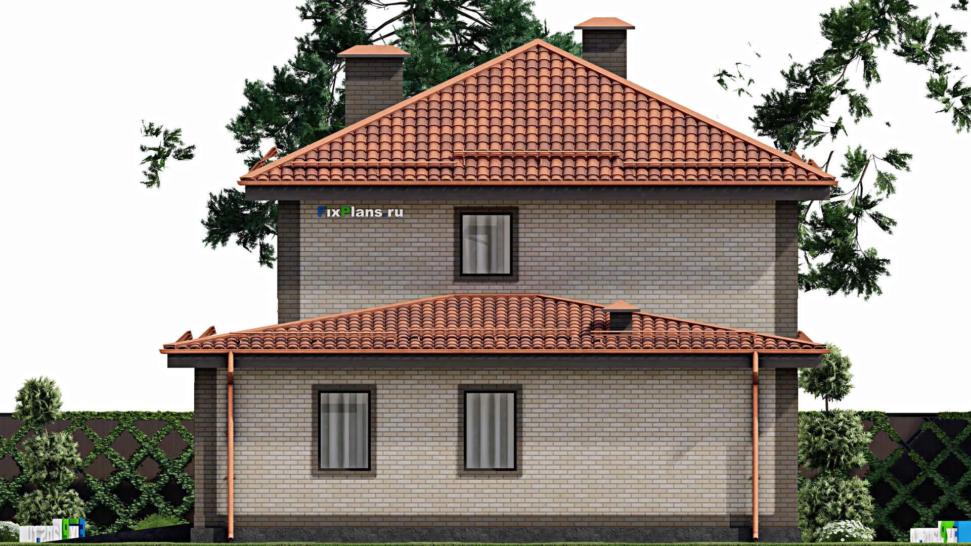 F-7397 - Проект двухэтажного дома 11 на 18, площадью 200 м² с террасой, гаражом на 1 машину и 3 спальнями