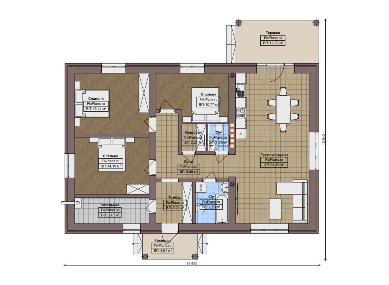 F-10016 - План одноэтажного дома 14 на 15, площадью 130 м² с террасой и 3 спальнями