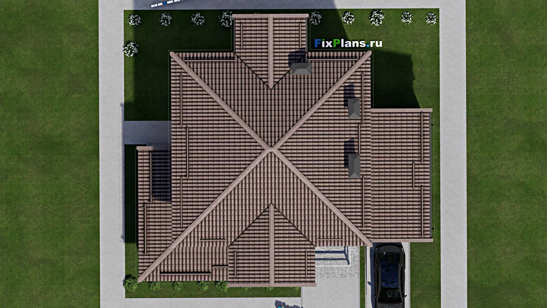 F-6362 - Проект двухэтажного дома 15 на 15, площадью 240 м² с террасой, балконом, баней, гаражом на 1 машину и 3 спальнями