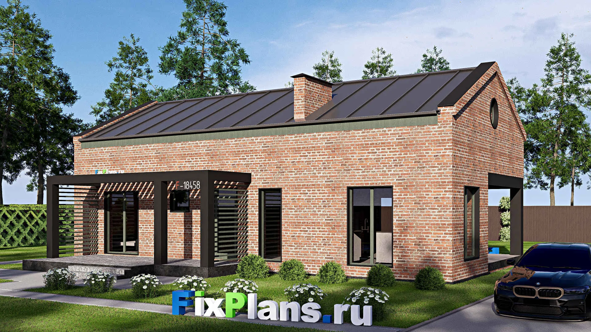 F-18458 - Проект одноэтажного дома 15 на 16, площадью 150 м² с террасой и 3 спальнями