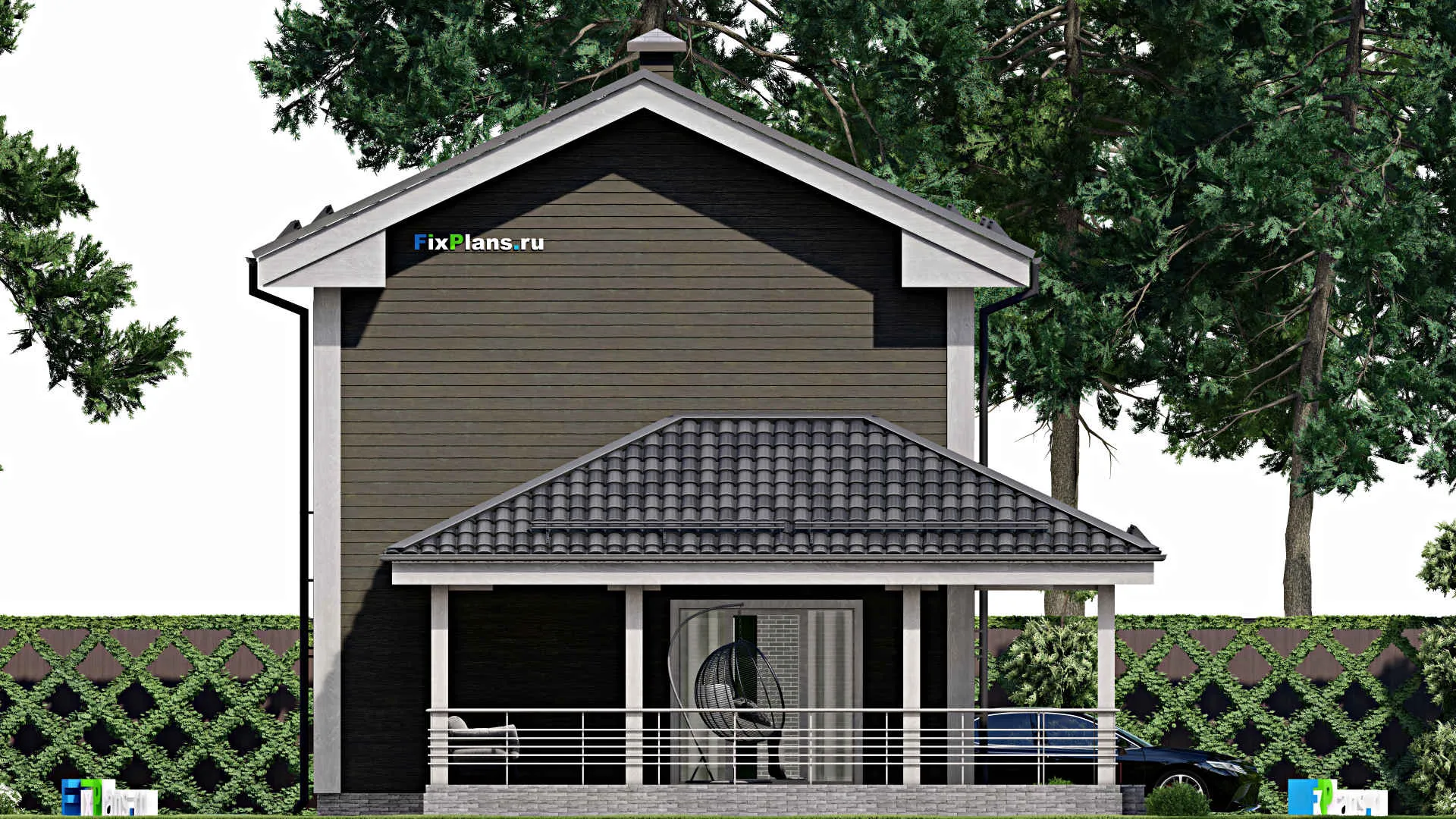 F-5831 - Проект двухэтажного дома 8 на 8, площадью 120 м² с террасой и 2 спальнями