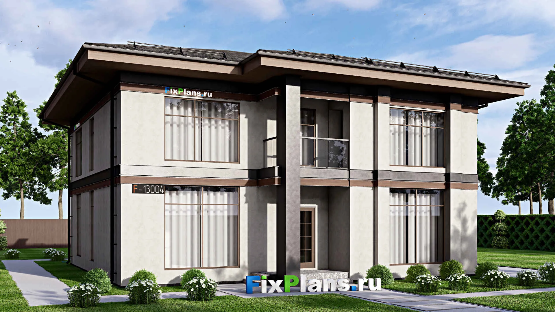 F-13004 - Проект двухэтажного дома 13 на 17, площадью 250 м² с террасой, балконом и 5 спальнями