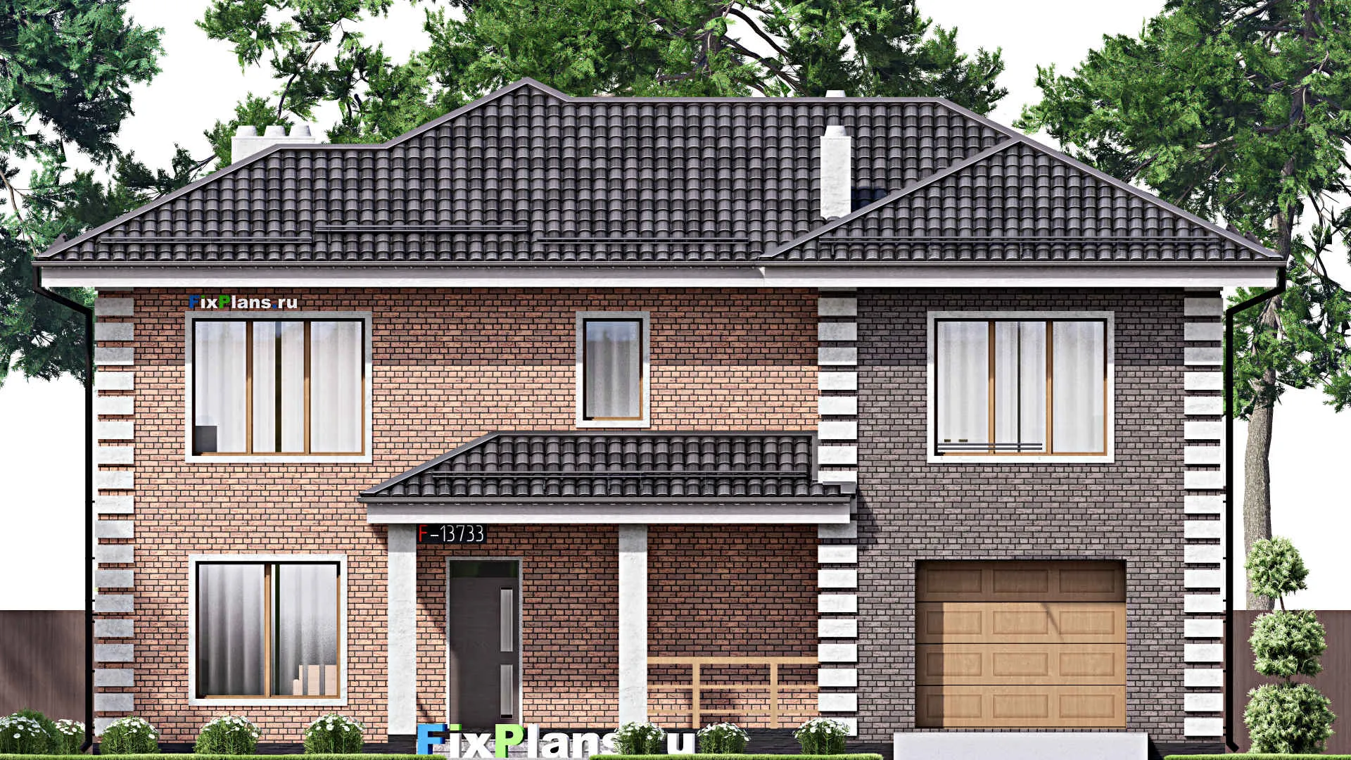 F-13733 - Проект двухэтажного дома 14 на 16, площадью 260 м² с террасой, гаражом на 1 машину и 4 спальнями