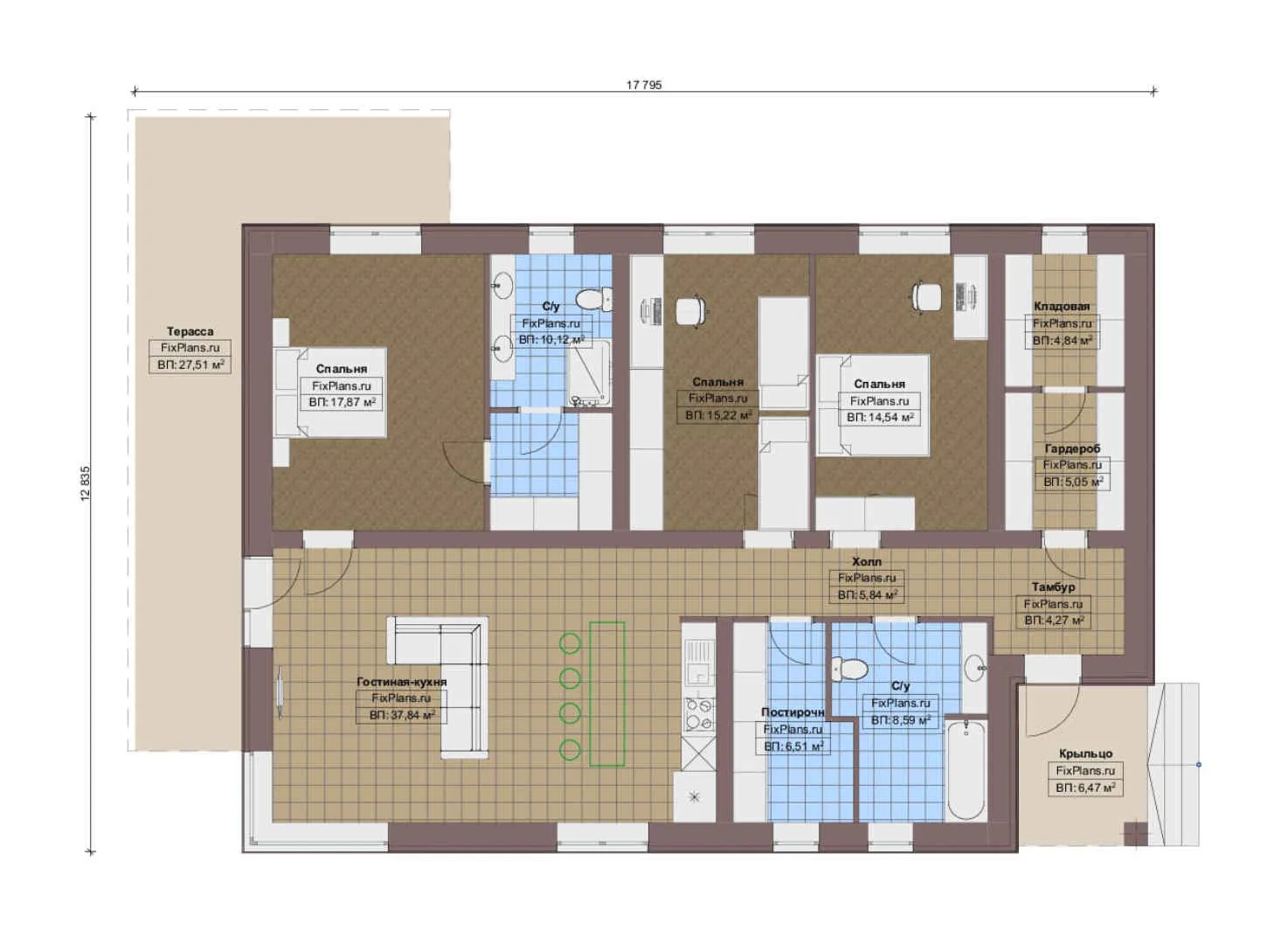 F-12815 - План одноэтажного дома 13 на 18, площадью 170 м² с террасой и 3 спальнями