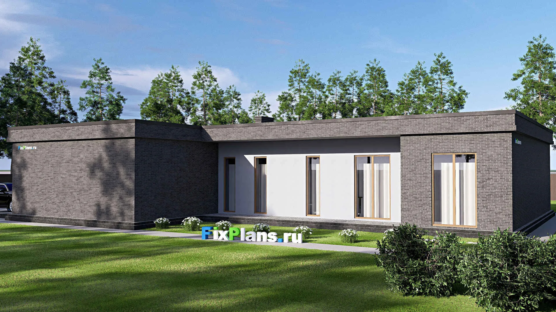 F-19817 - Проект одноэтажного дома 22 на 25, площадью 330 м² с террасой, гаражом на 2 машины и 1 спальнями