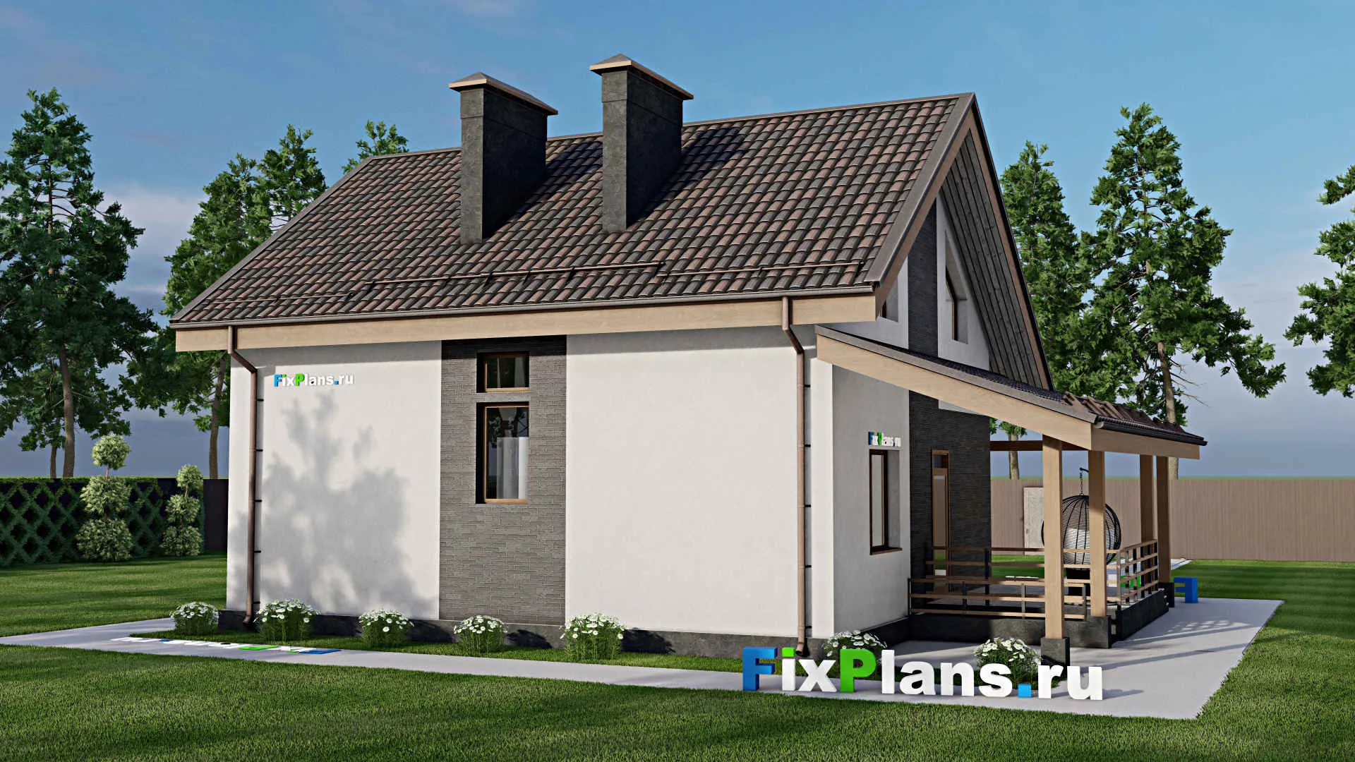 F-5669 - Проект дома с мансардой 9 на 11, площадью 220 м² с террасой, цокольным этажом и 3 спальнями