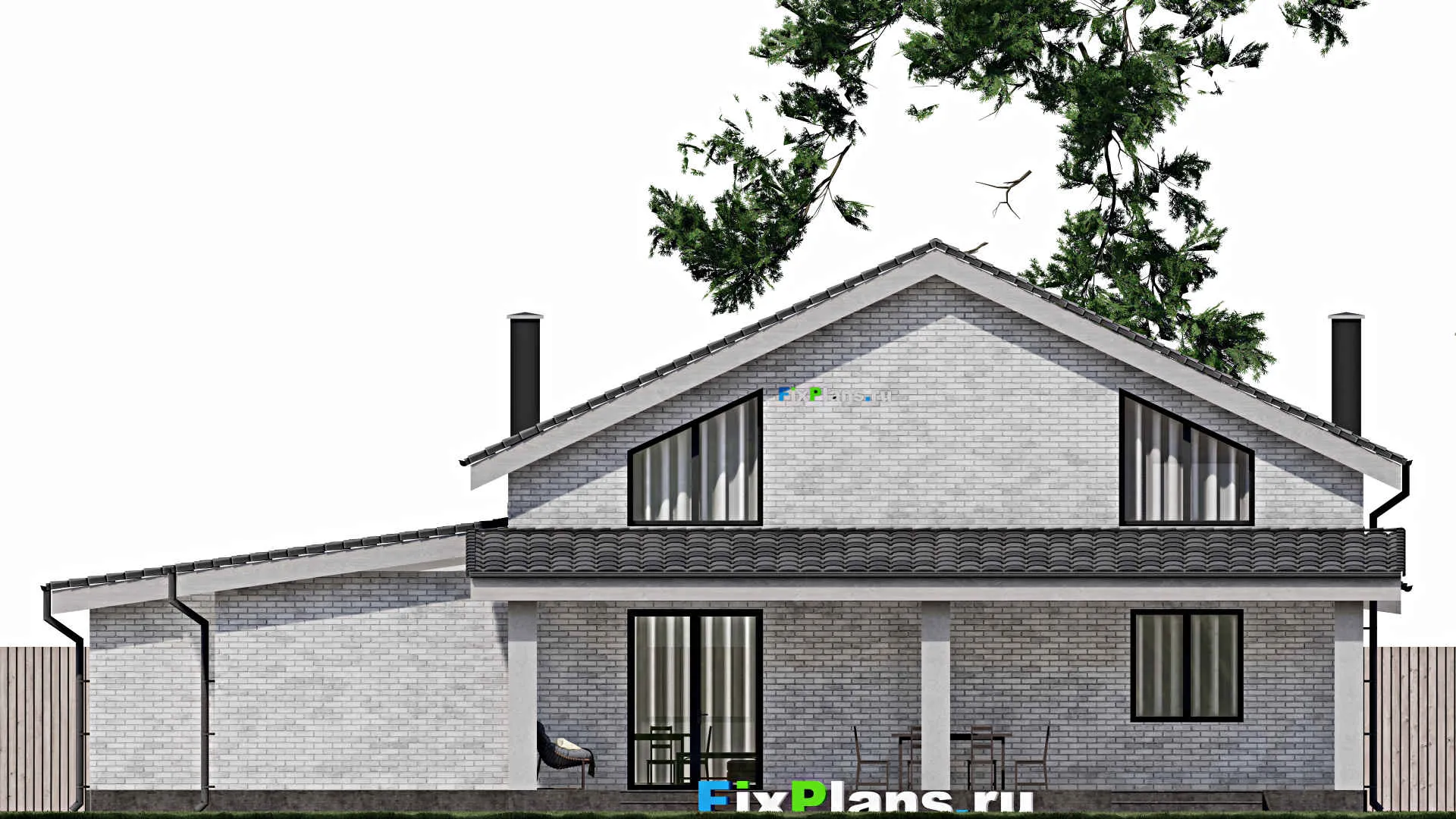 F-1421 - Проект дома с мансардой 17 на 17, площадью 240 м² с террасой, гаражом на 1 машину и 3 спальнями